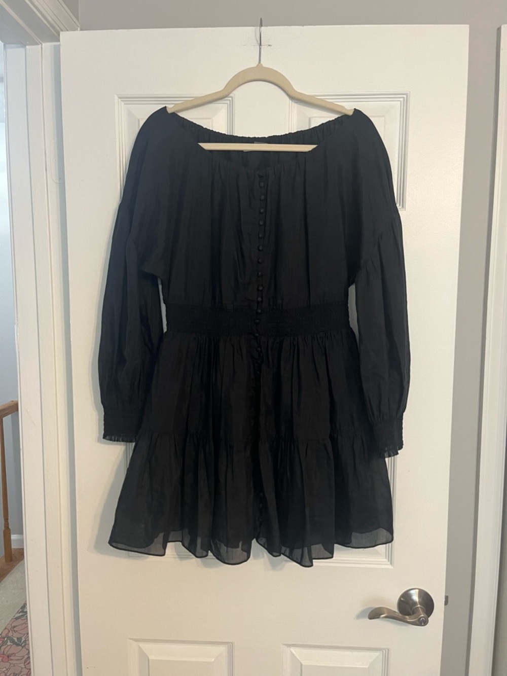 Alice + Olivia Cotton and Silk-Blend Black Elastic Waist Tiered Mini Dress